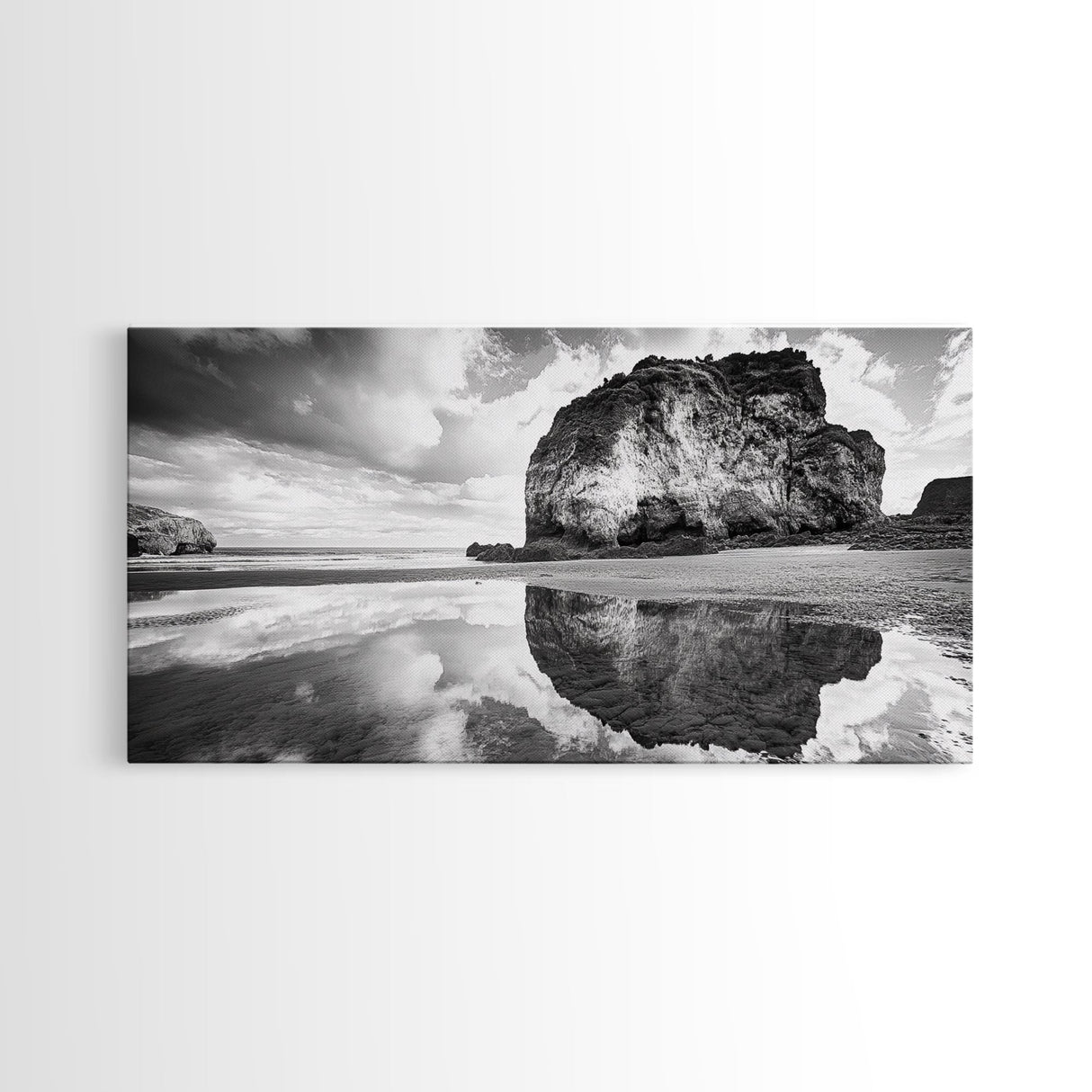 Beach Reflection, Seaside Rock, Cloudy Horizon, Coastal View, Framed Canvas Print, Minimalist Wall Art, Bathroom Ocean Decor