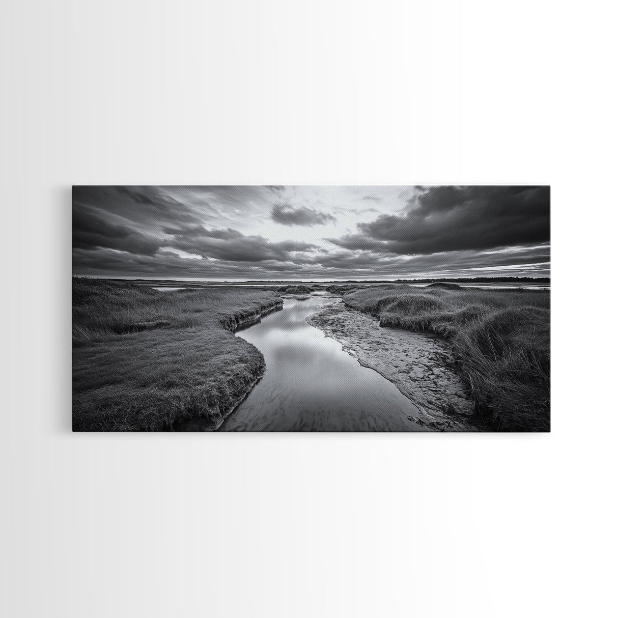 Marshland Serenity, River Flow, Cloudy Mood, Nature Calm, Framed Canvas Print, Coastal Wall Art, Bathroom Tranquil Landscape