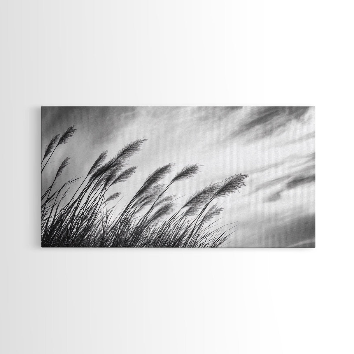 Pampas Grass, Wind Blown, Sky Motion, Autumn Field, Framed Canvas Print, Boho Wall Art, Bedroom Fall Botanical Decor, Living Room Decor