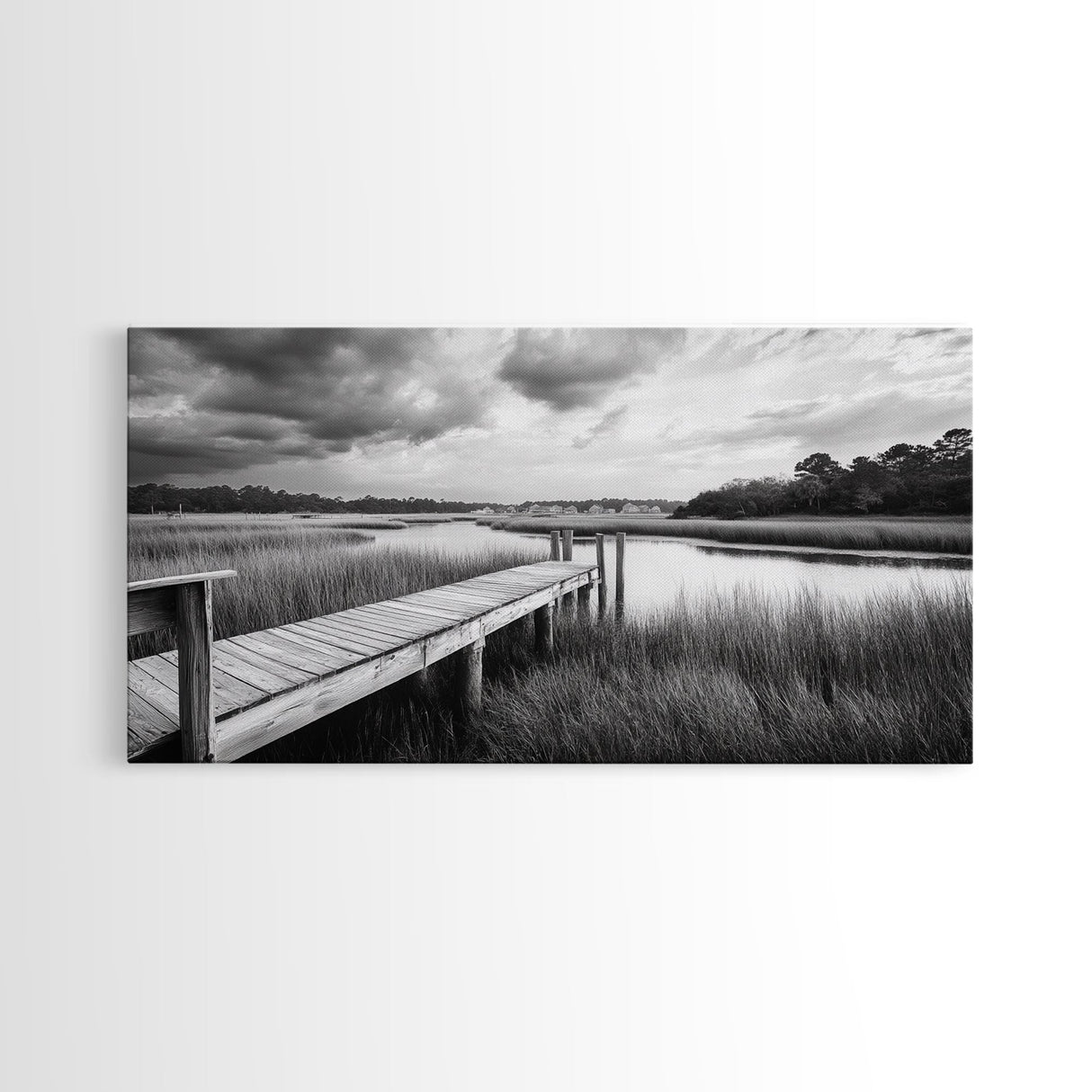 Marsh Dock Scene, Tranquil Water Landscape, Rustic Pier Canvas Print, Black and White Nature, Entryway Art, Coastal Country Home Decor