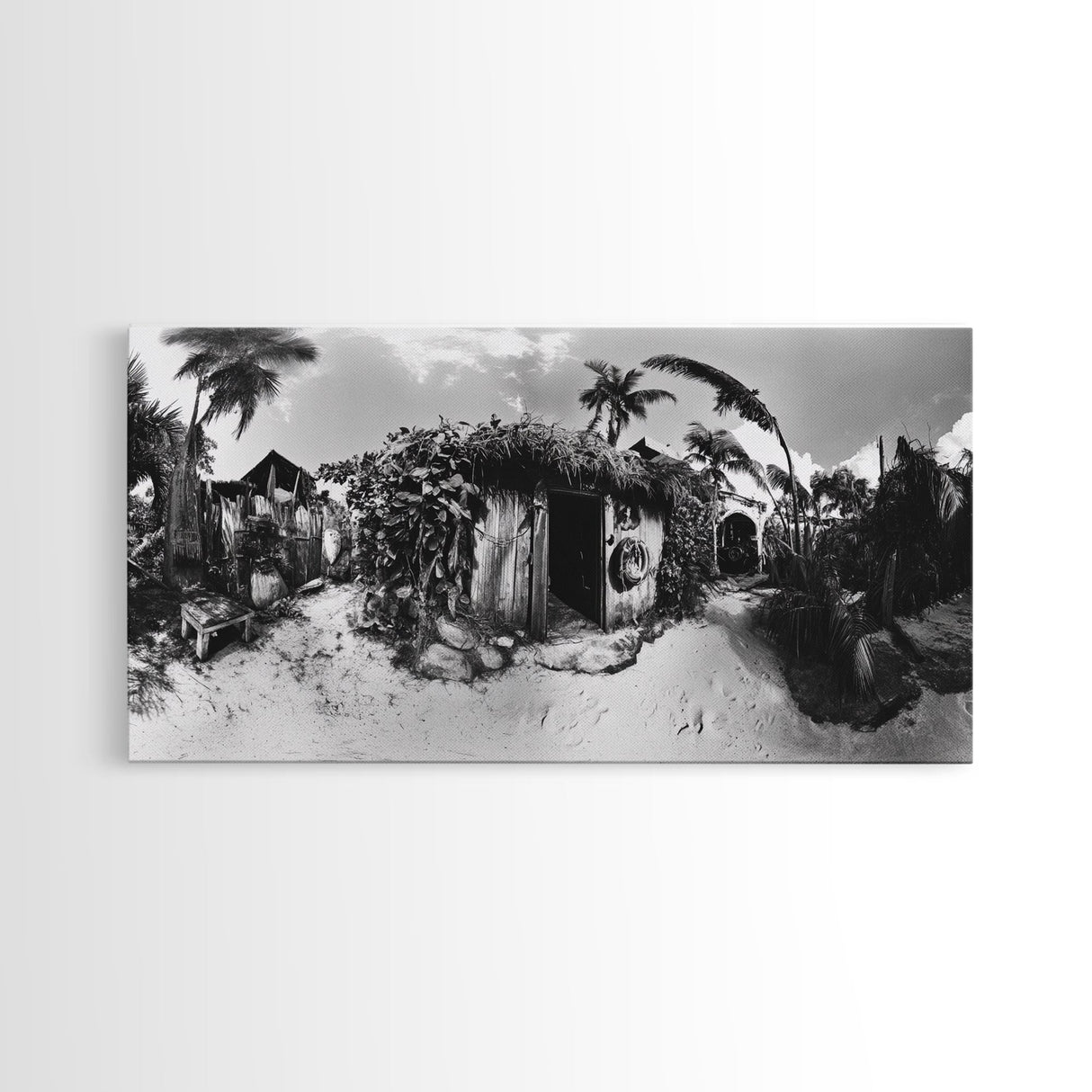 Tropical Beach Shack, Rustic Coastal Decor, Island Vibes, Palm Tree Jungle, Framed Canvas Print, Boho Living Room Wall Art