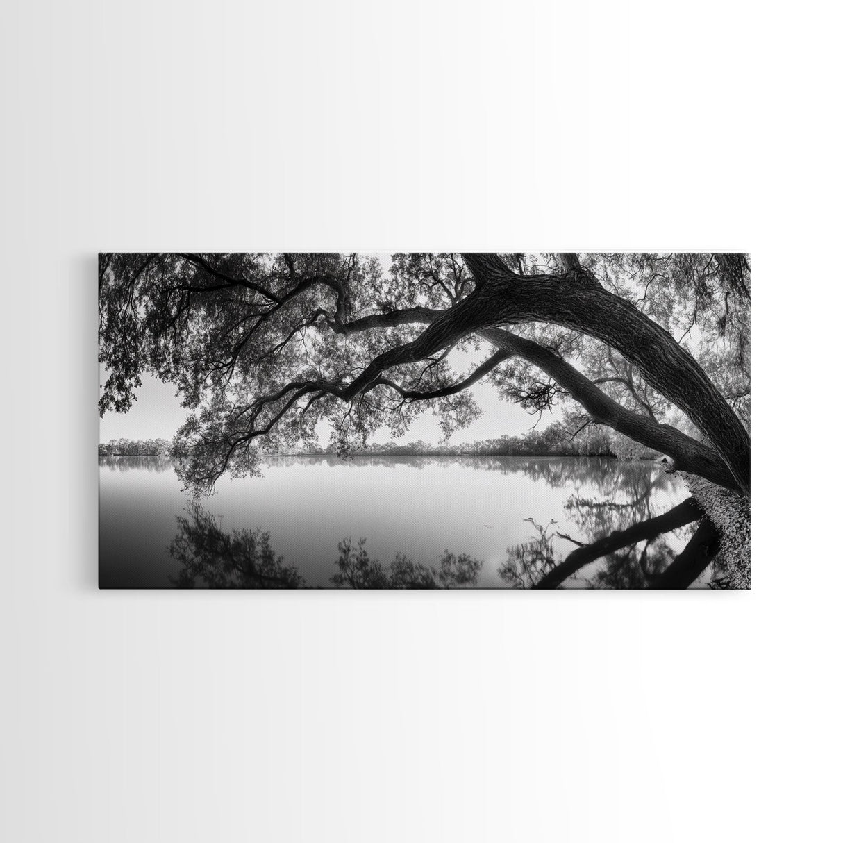 Serene Lake View, Tree Reflections, Calm Nature Landscape, Framed Canvas Print, Minimalist Bedroom or Spa Bathroom Wall Art