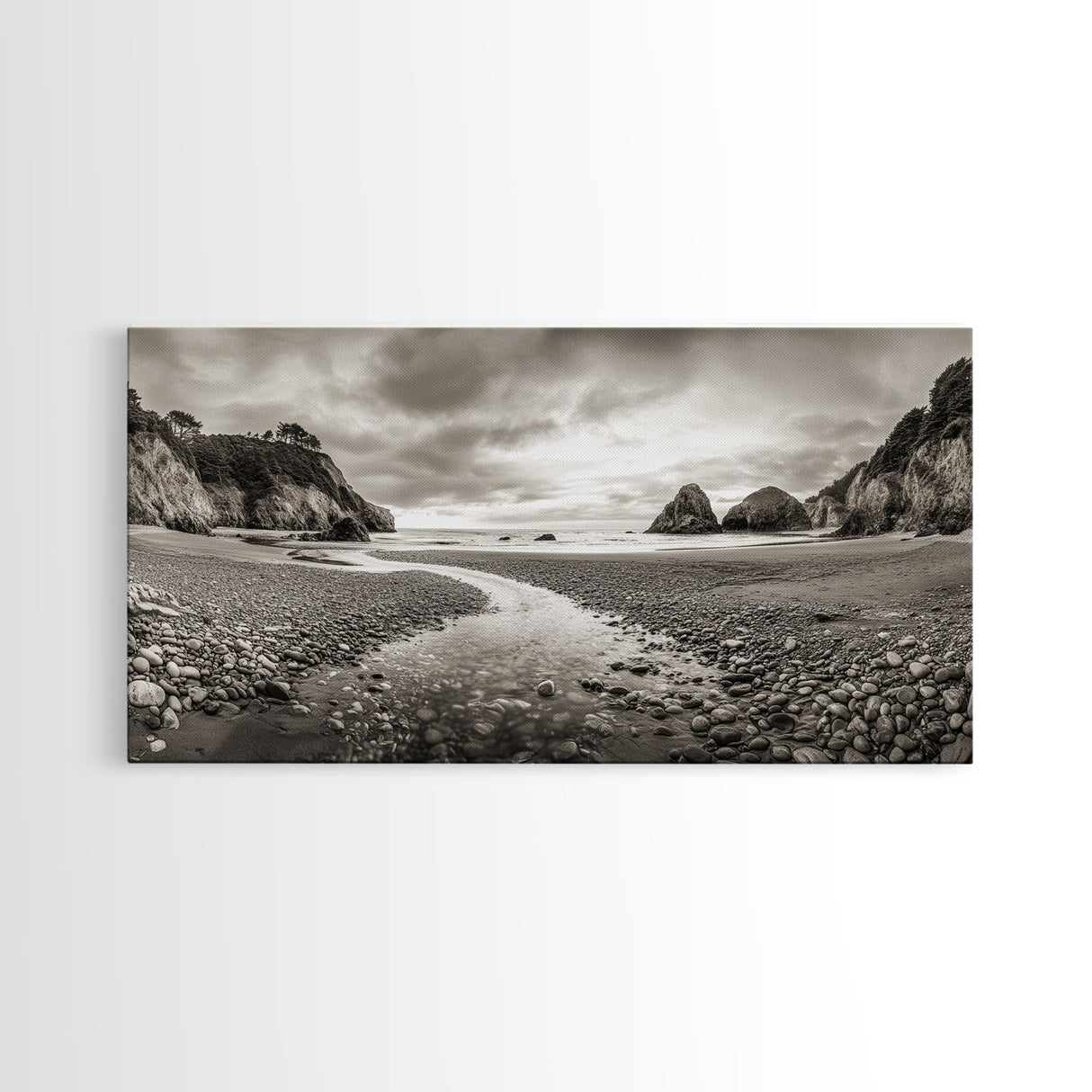 Coastal Pebble Beach, Pacific Shoreline, Serene Nature Landscape, Framed Canvas Print, Neutral Bedroom or Fall Living Room Wall Art