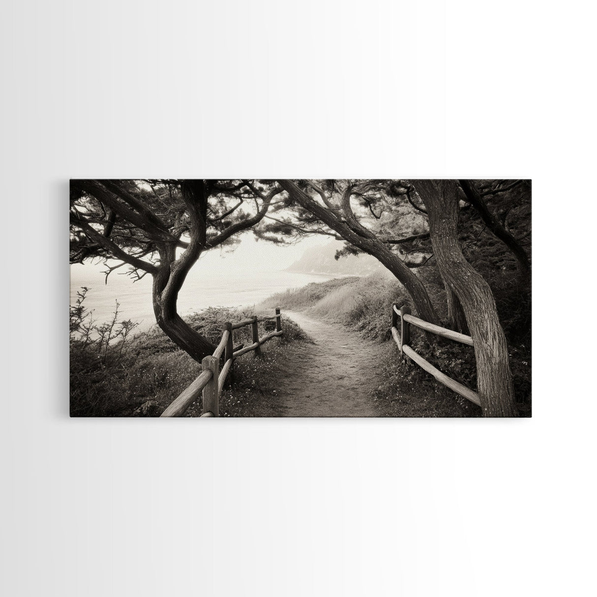 Ocean Cliff Path, Framed Trail Trees, Coastal Escape Scene, Framed Canvas Print, Boho Bedroom or Peaceful Hallway Wall Art, Entryway Accent