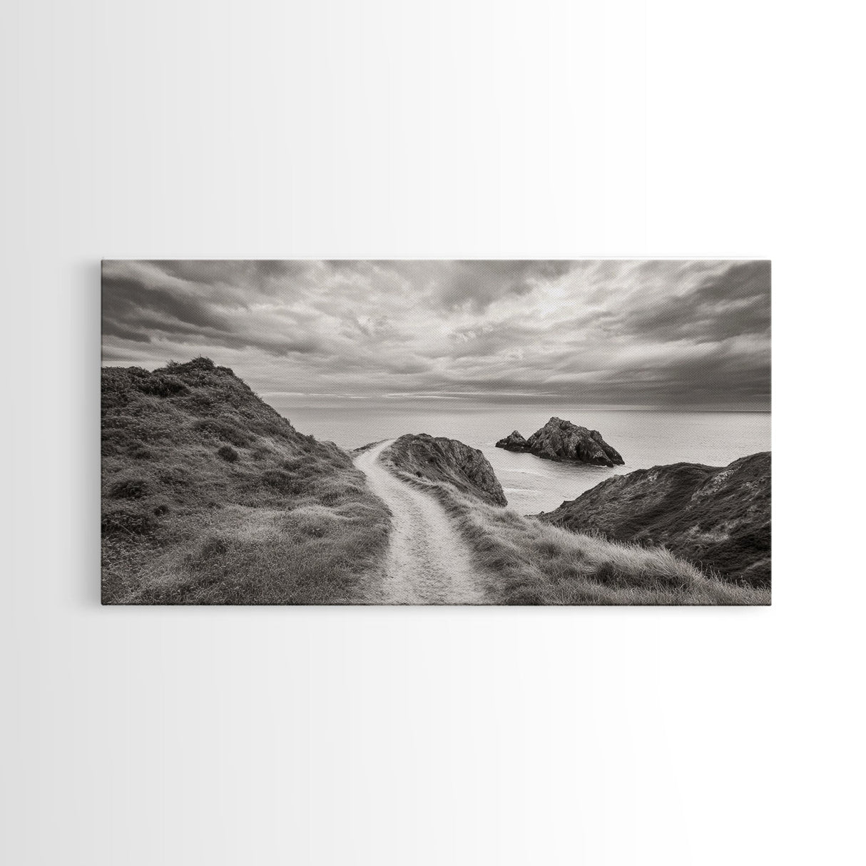 Coastal Cliff Path, Ocean View Trail, Windswept Grass Art, Seaside Wall Decor, Framed Canvas Print, Bedroom Art, Nature Lover Gift
