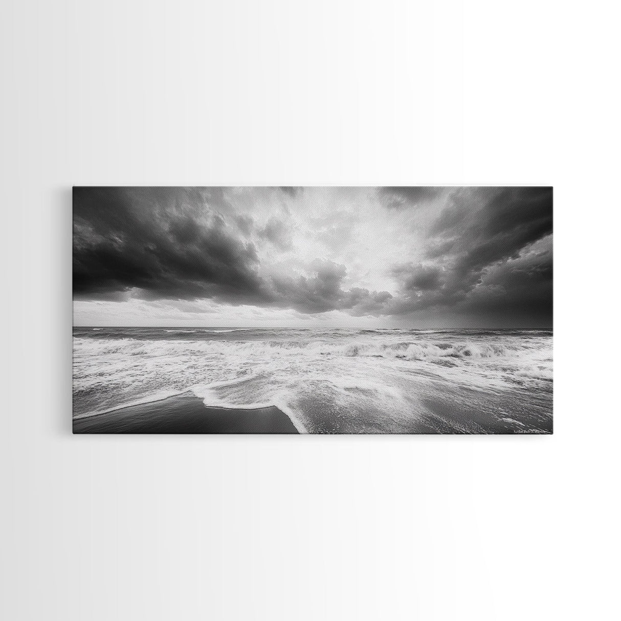 Stormy Sea, Ocean Waves, Monochrome Seascape, Dramatic Beach View, Framed Canvas Print, Nautical Wall Art, Bathroom Coastal Decor