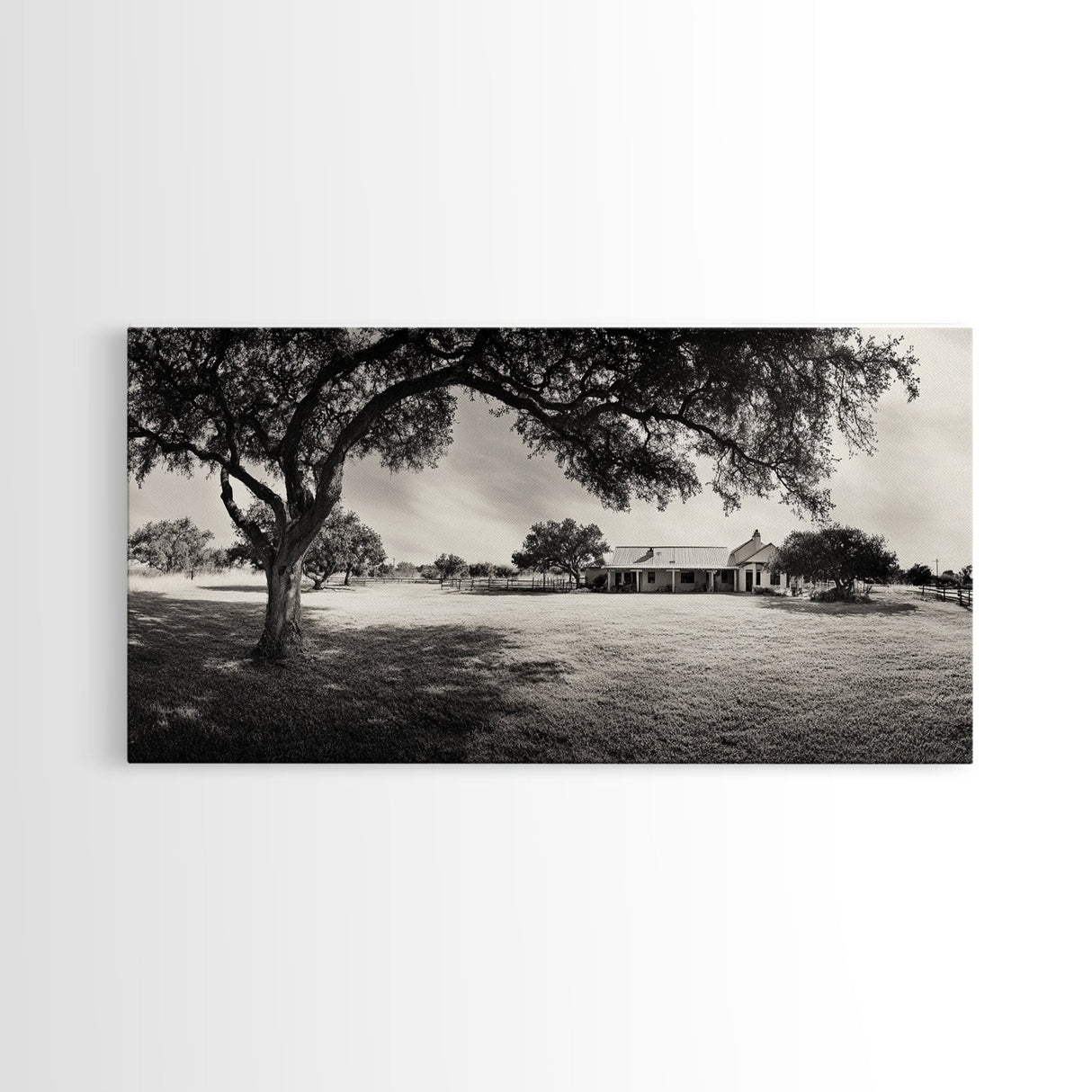 Country Farmhouse Shade, Texas Ranch Home, Oak Tree Horizon, Framed Canvas Print, Rustic Decor, Entryway or Dining Room Art