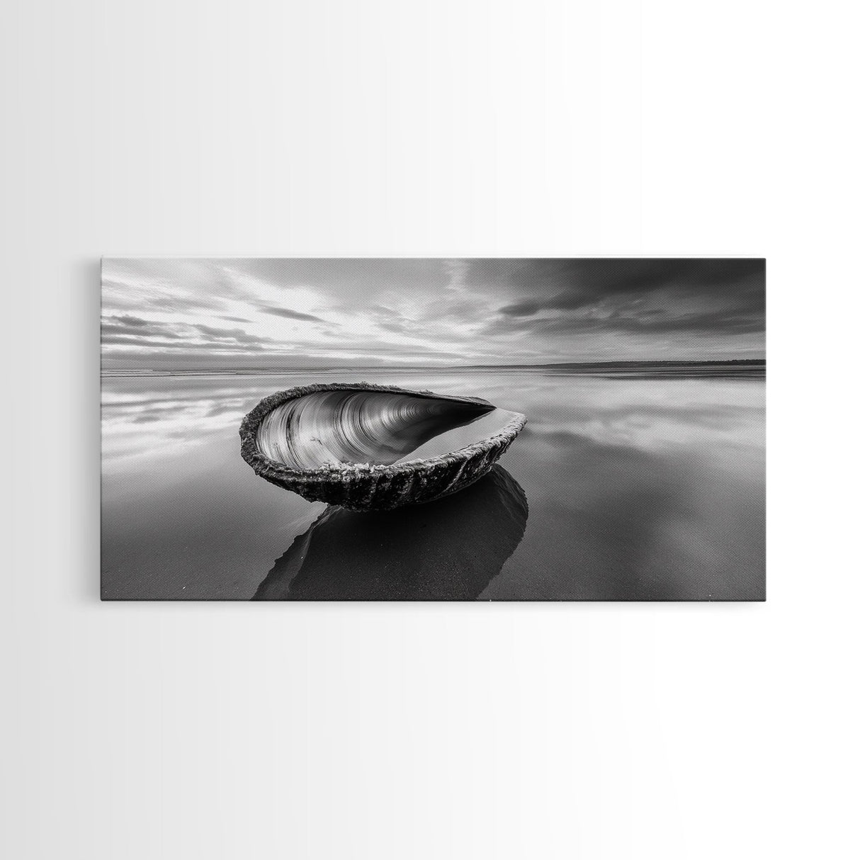 Seashell Shore Still, Ocean Reflection Calm, Beach Shell Close-Up, Framed Canvas Print, Coastal Minimalism, Bathroom Wall Art