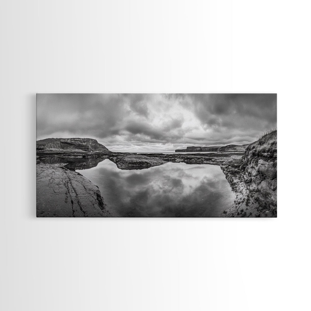Reflected Cliffs, Stormy Sky, Coastal View, Dramatic Landscape, Canvas Print, minimalist art, office decor, moody black and white wall art
