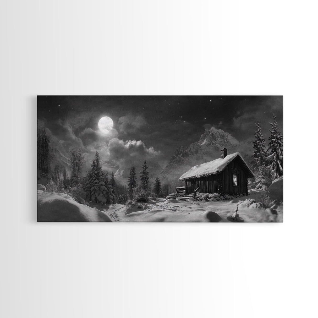 Snowy Cabin, Winter Night, Starry Sky, Cozy Mountain Scene, Framed Canvas Print, rustic lodge decor, Christmas art, bedroom wall print