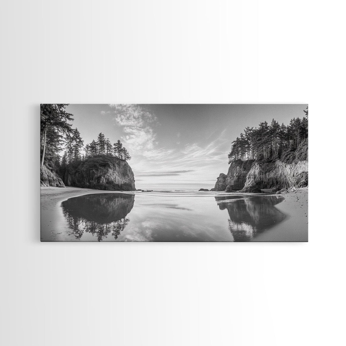 Sea Stacks, Calm Waters, Coastal Trees, Tranquil Morning, Framed Canvas Print, coastal wall art, nature inspired, entryway decor