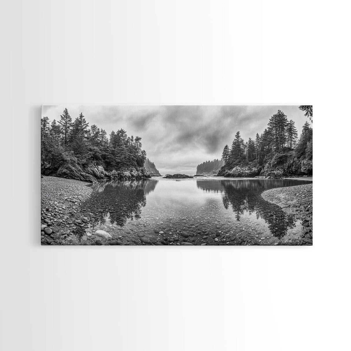 Forest Shoreline, Pebble Beach, Misty Inlet, Calm Waters, Canvas Print, natural modern art, neutral palette, living room wall decor