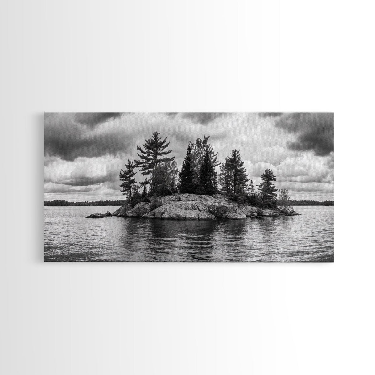 Lake Island, Pine Trees, Nature Panorama, Black and White Wilderness, Framed Canvas Print, Office Wall Art, Outdoor Inspired Decor