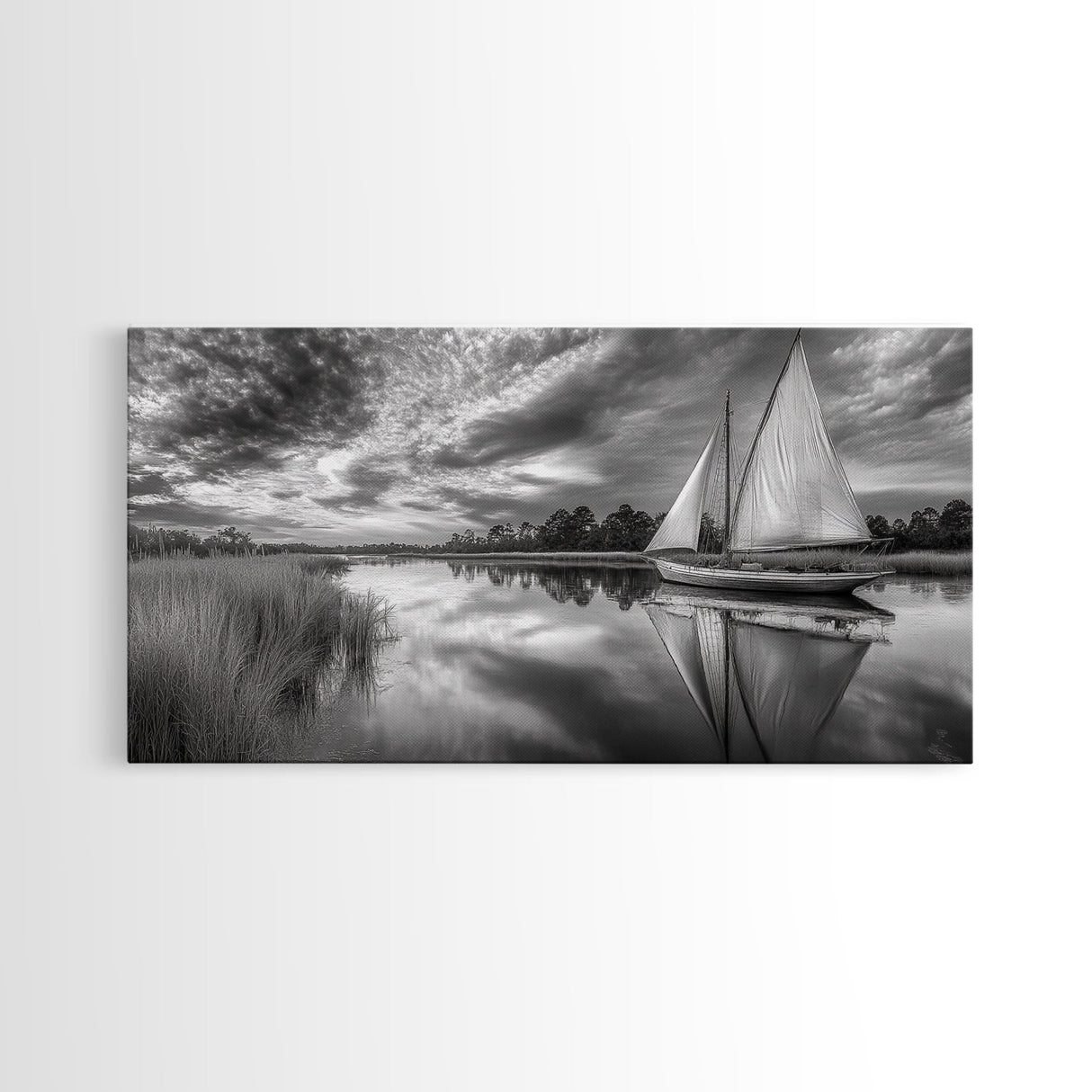 Sailboat Reflection, Tranquil River, Nautical Scene, Black White, Framed Canvas Print, Coastal Decor, Beach House Wall Art, Ocean Minimalism