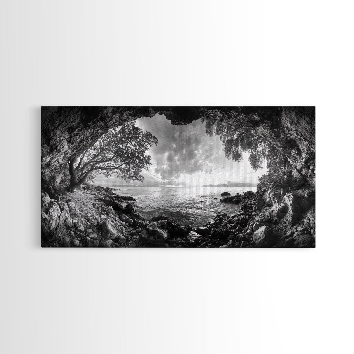 Ocean Cave View, Coastal Tree Framing, Tranquil Sea Scene, Nature Window Art, Framed Canvas Print, Bedroom Wall Art, Zen Decor