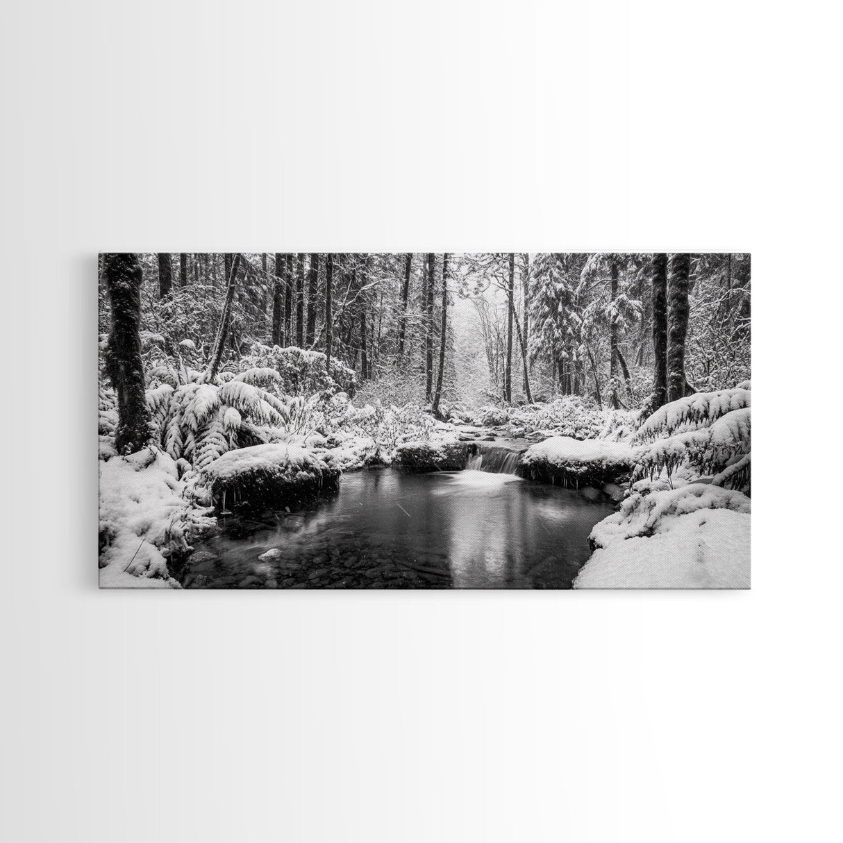 Winter Forest Creek, Snow Covered Trees, Black and White Tranquil Art, Canvas Print, Holiday Wall Art, Nature Lover Gift, Cozy Vibe