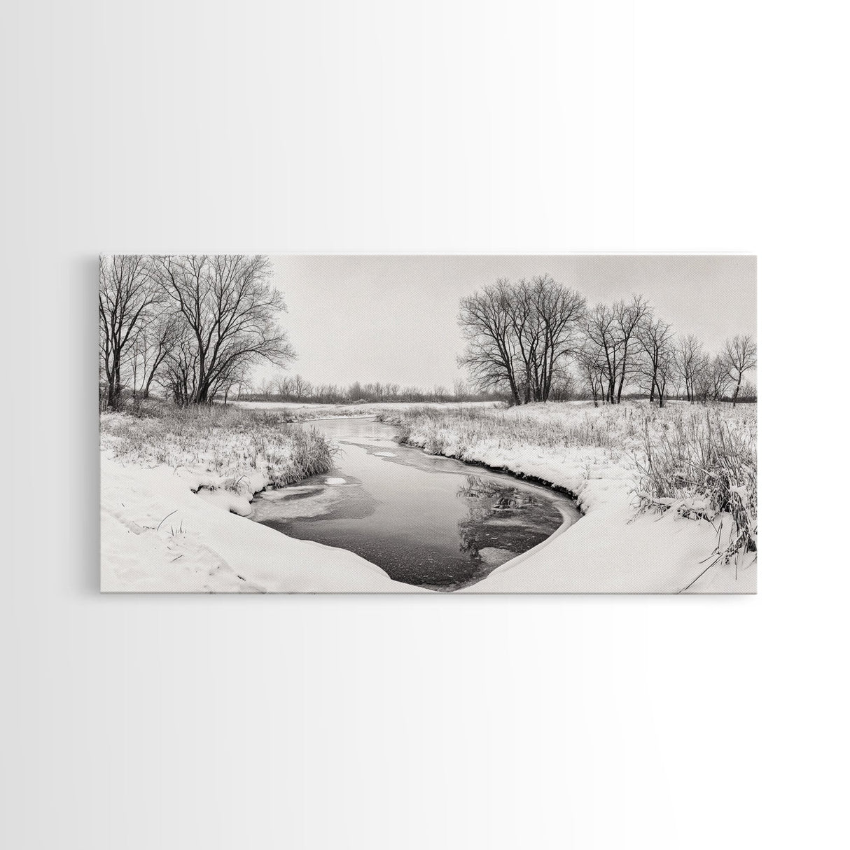 Frozen Stream Scene, Bare Trees Landscape, Black and White Nature Decor, Canvas Print, Winter Wall Art, Neutral Bedroom Accent