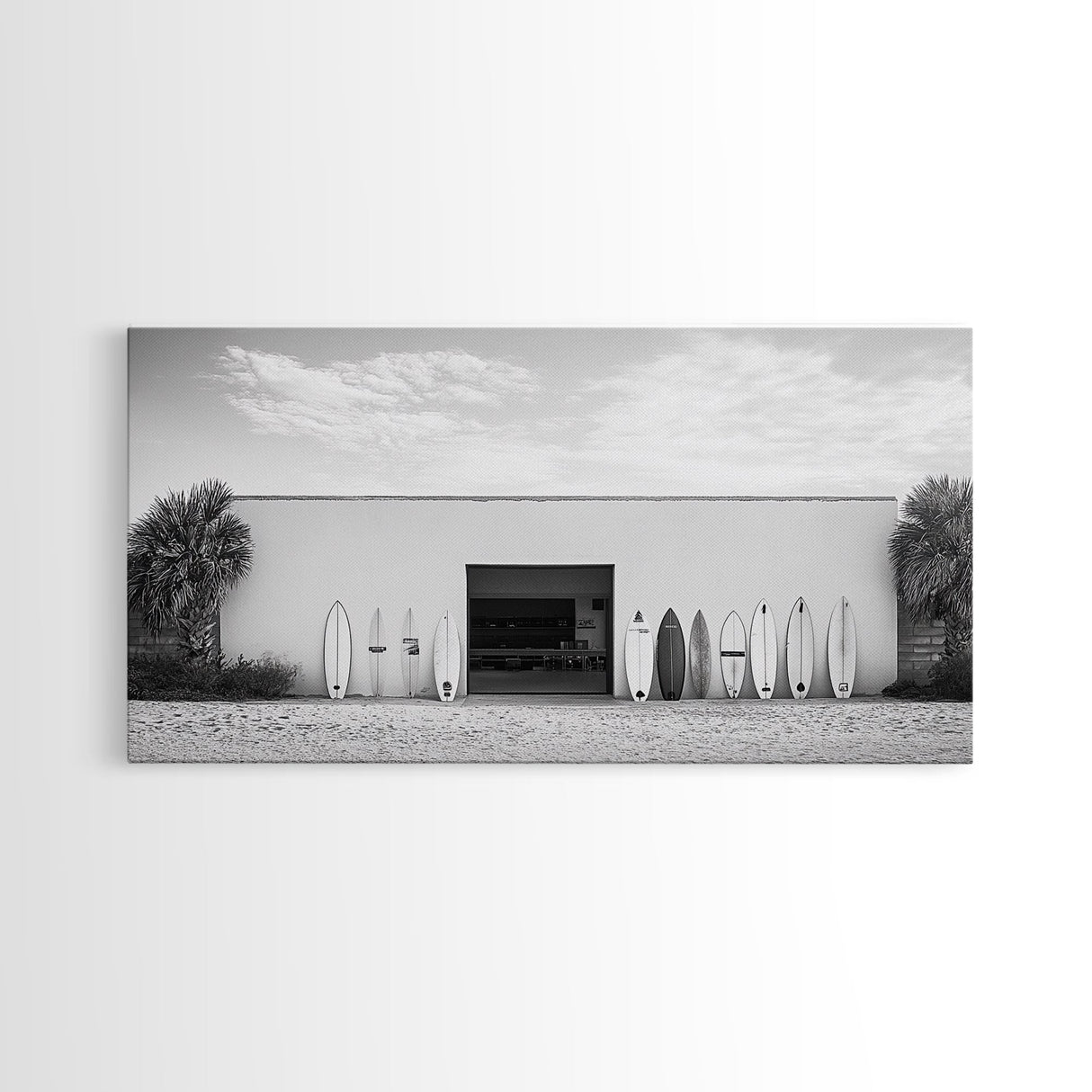 Surfboards, Beach Garage, Modern Coastal, Ocean Style, Framed Canvas Print, surf shack decor, teen room wall art, minimalist beach art