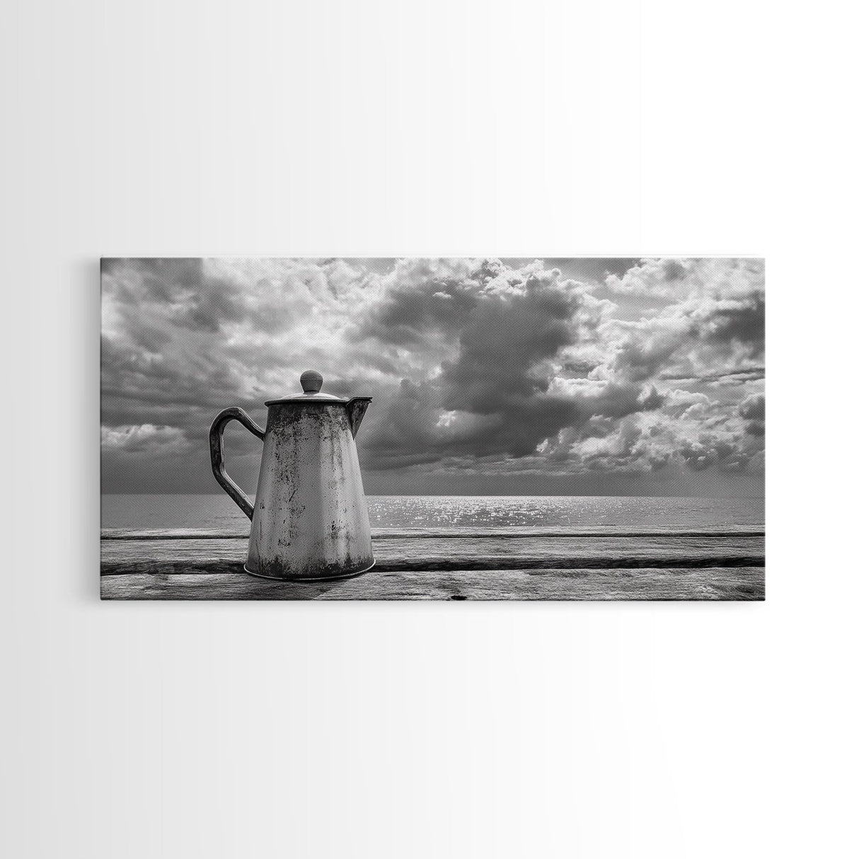Seaside Coffee Pot, Oceanfront Still Life, Rustic Morning, Framed Canvas Print, Nautical Wall Art, Beach Kitchen Decor, Moody Nature Art