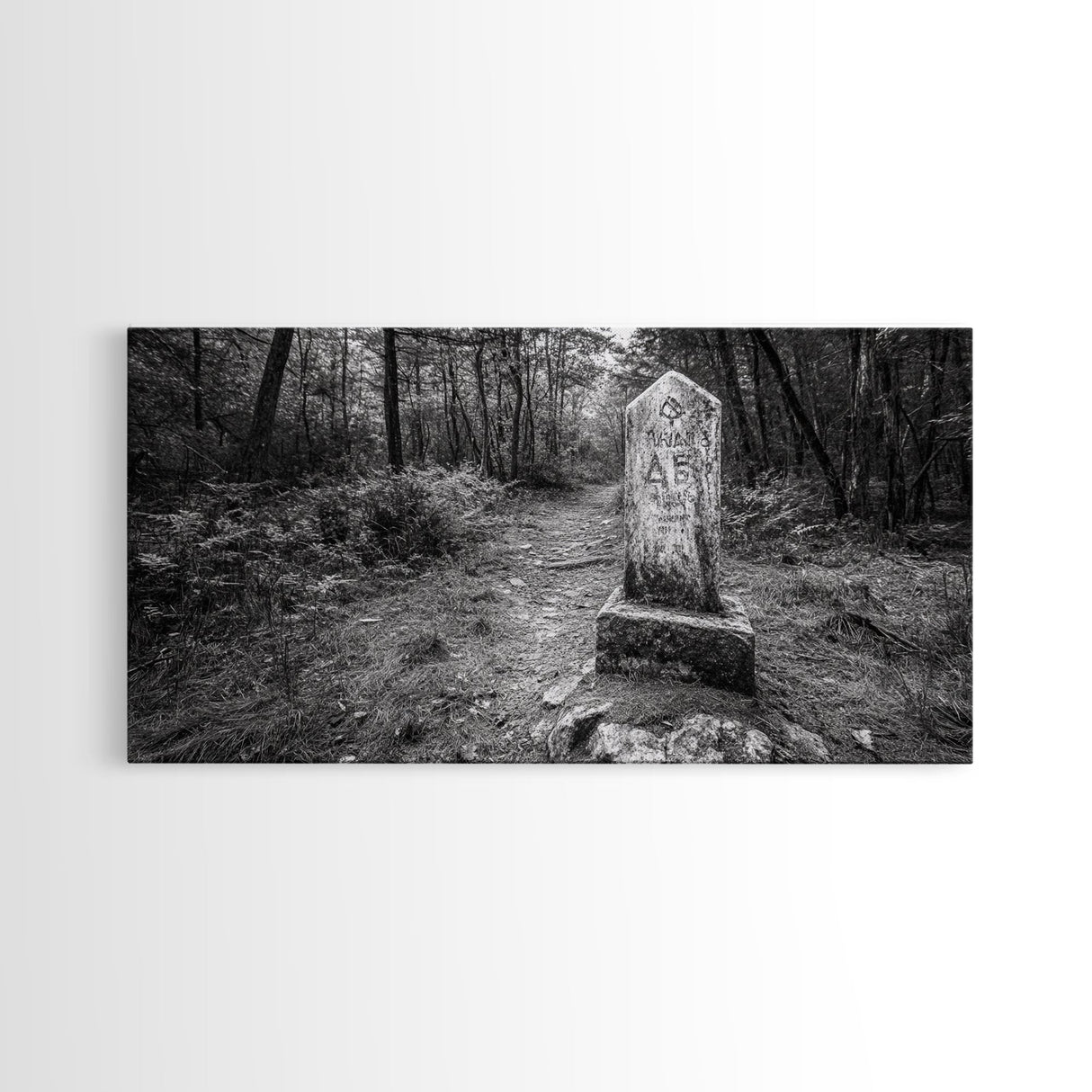 Forest Trail, Stone Marker, Ancient Symbol, Misty Pathway, Framed Canvas Print, cabin decor, woodland art, Autumn wall print, rustic charm