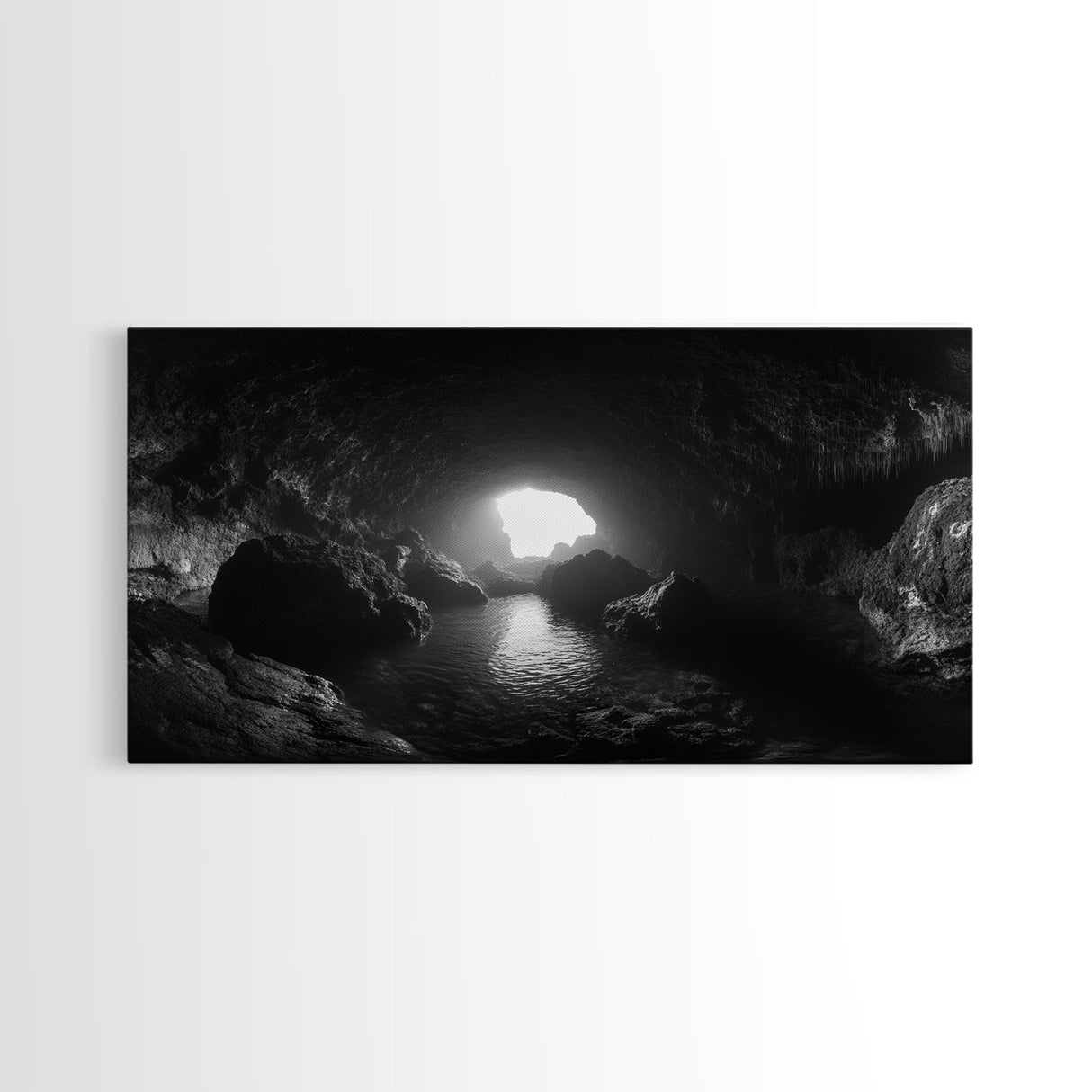 Sea Cave, Dark Ocean Cave, Natural Light Glow, Framed Canvas Print, Moody Nature Art, Living Room Wall Art, Monochrome Coastal Print