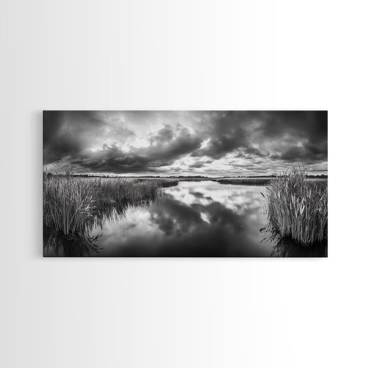 Stormy Marsh, Cloudy Sky, River Reflection, Framed Canvas Print, Nature Wall Art, Moody Landscape, Autumn Decor, Office Or Study Artwork