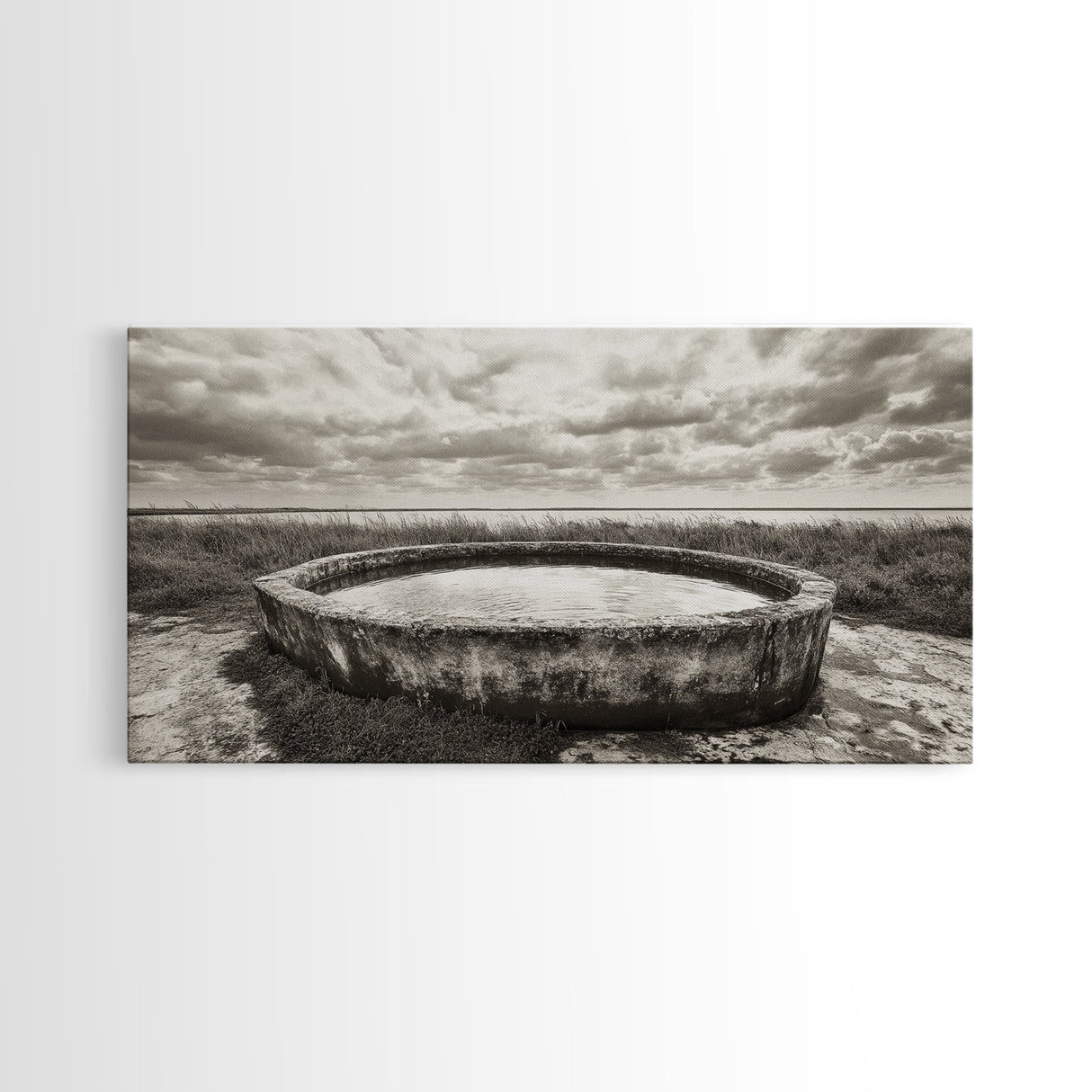 Water Trough, Overcast Skies, Ocean Breeze, Framed Canvas Print, Country Rustic Wall Art, Sepia Toned Fall Decor, Entryway Or Den Art