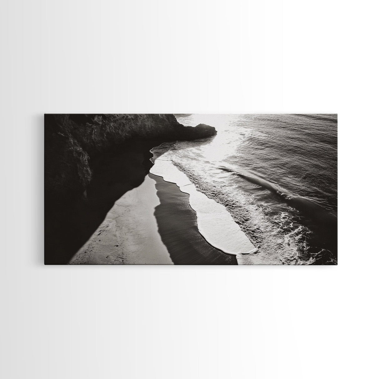 Shoreline Light, Coastal Waves, Cliff Shadow, Beach Edge, Framed Canvas Print, Ocean Minimalist Art, Bathroom Wall Decor