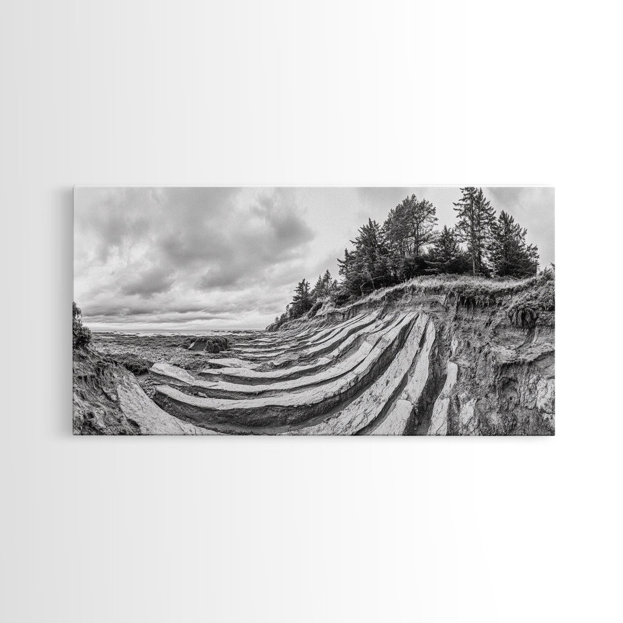 Striped Cliffs, Coastal Layers, Forest Edge, Earth Patterns, Framed Canvas Print, Nature Abstract Art, Bedroom Wall Decor