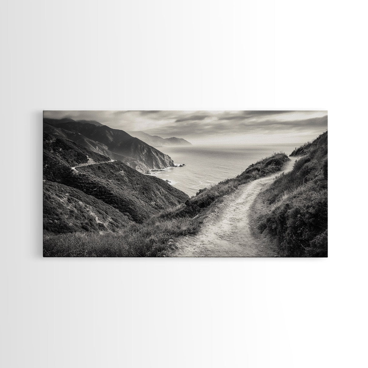 Cliffside Trail Path, Coastal Hiking Print, Rugged Ocean View, Nature Adventure Wall Art, Rustic Modern Decor, Framed Canvas Print
