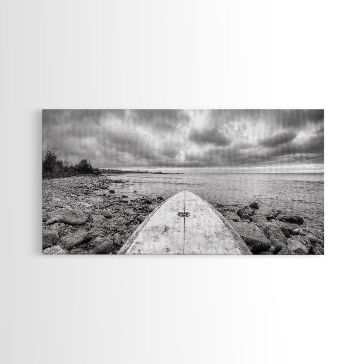 Surfboard, Rocky Shore, Cloudy Sea, Coastal Adventure, Beach Aesthetic, Canvas Print, Minimalist Ocean Art, Nautical Wall Decor, Bathroom Wall Art