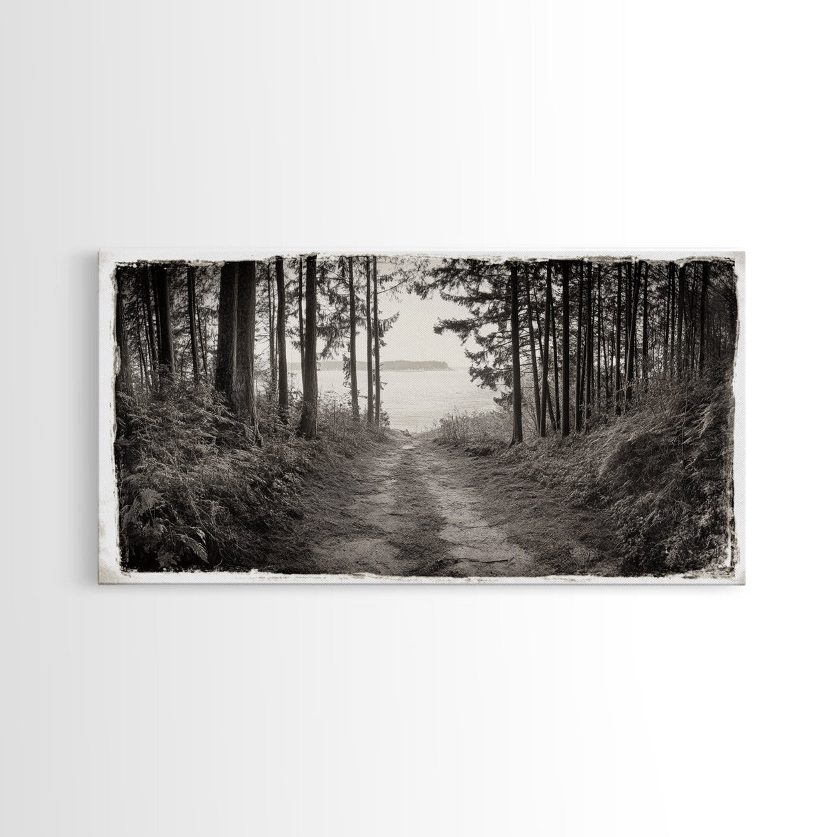 Forest Path, Island View, Vintage Border, Nature Trail, Canvas Print, Sepia Landscape Art, Entryway Wall Art, Woodland Photography Style