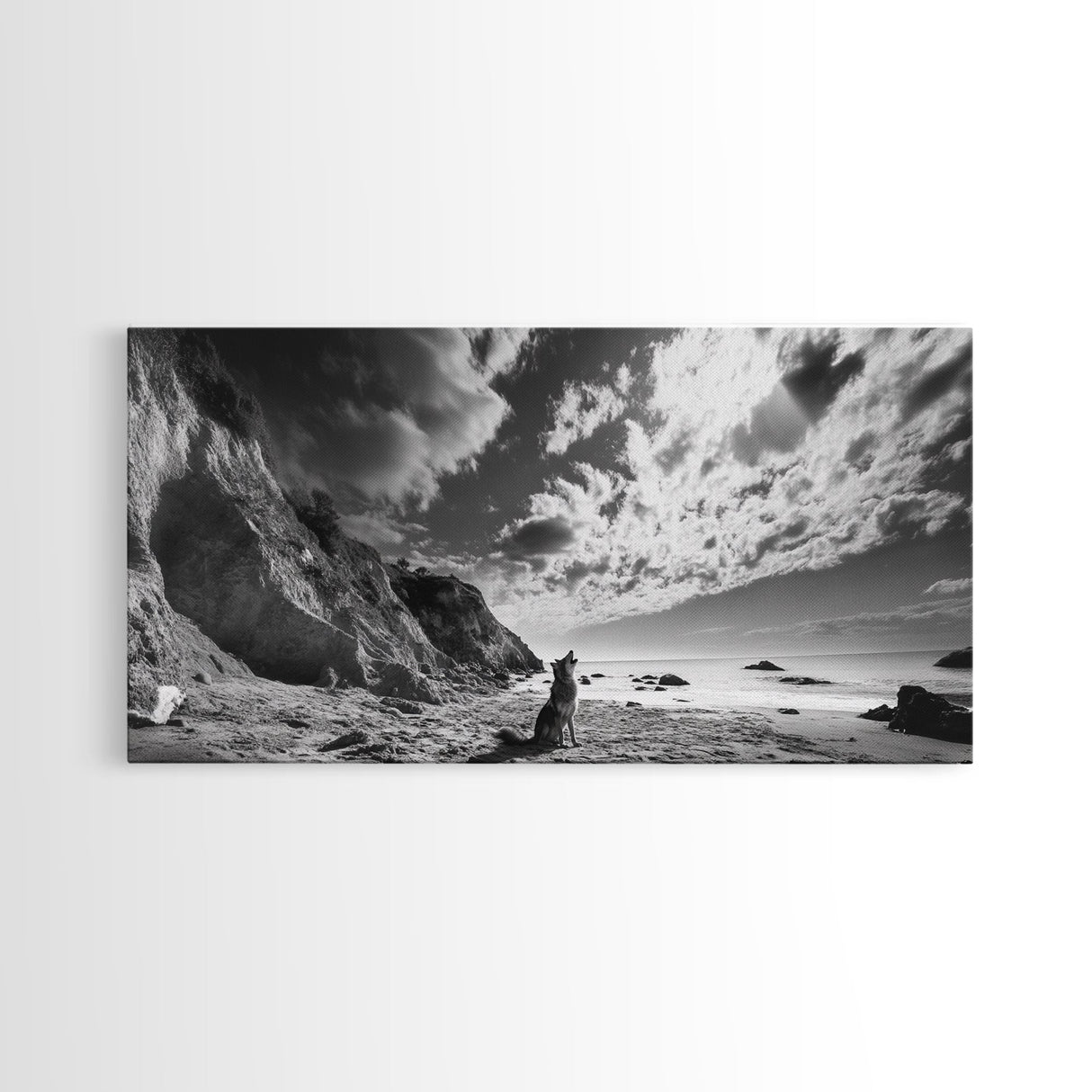Howling Dog, Seaside Cliffs, Cloudy Sky, Wild Beach, Canvas Print, Nature Animal Art, Rustic Fall Wall Decor, Entryway Accent, Bedroom Wall Art