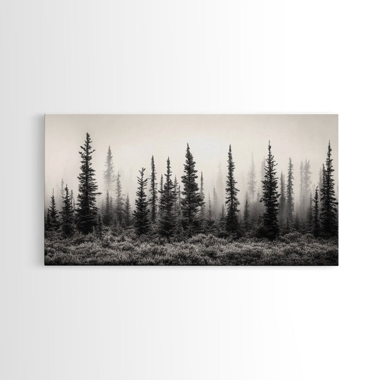 Misty Pines, Evergreen Forest, Morning Fog, Monochrome Nature, Canvas Print, Fall Entryway Wall Art, Woodland Boho Home Decor