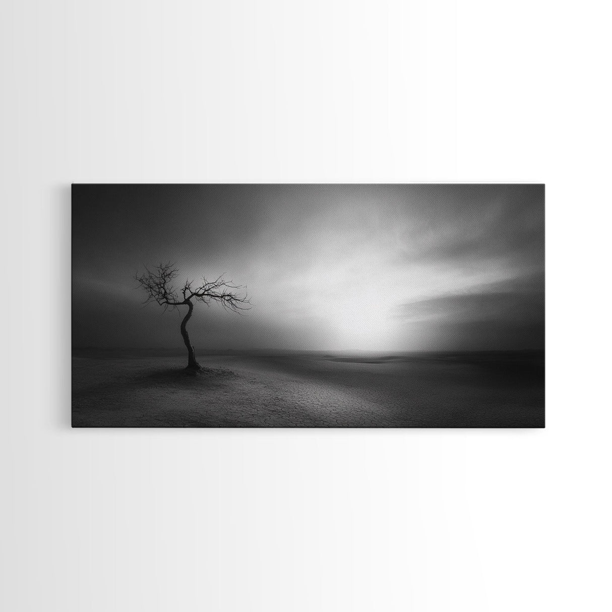 Lonely Tree, Dramatic Desert, Emotional Landscape, Framed Canvas Print, Bedroom Wall Art, Black White Decor, Surreal Art Vibes
