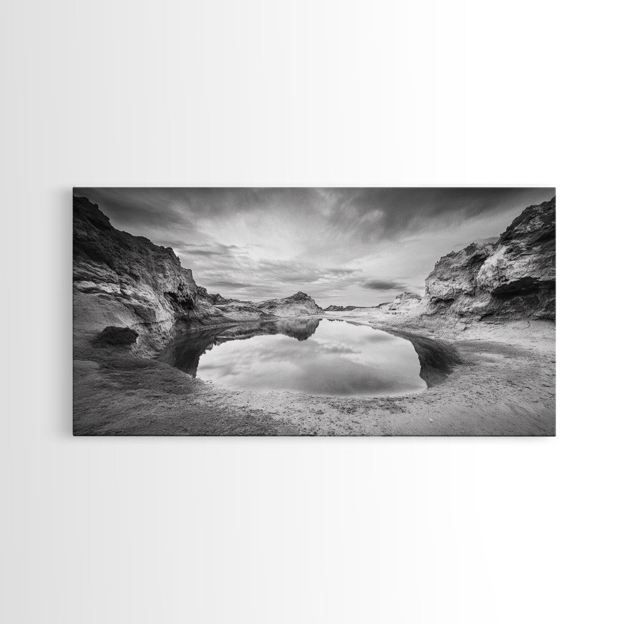 Mirror Lake, Rocky Terrain, Tranquil Waters, Framed Canvas Print, Meditation Room Art, Nature Reflection, Earthy Tones, Spa Decor