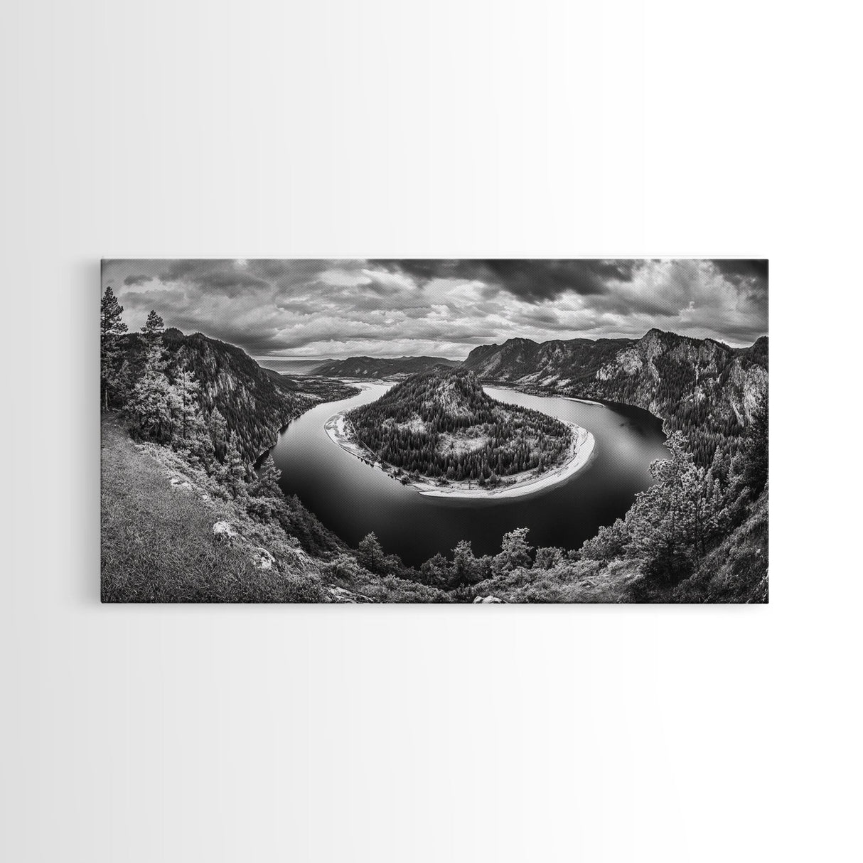 River Bend Landscape, Mountain View Aerial, Nature Panorama Scene, Framed Canvas Print, Cabin Wall Art, Adventure Boho Art, Living Room Wall Art