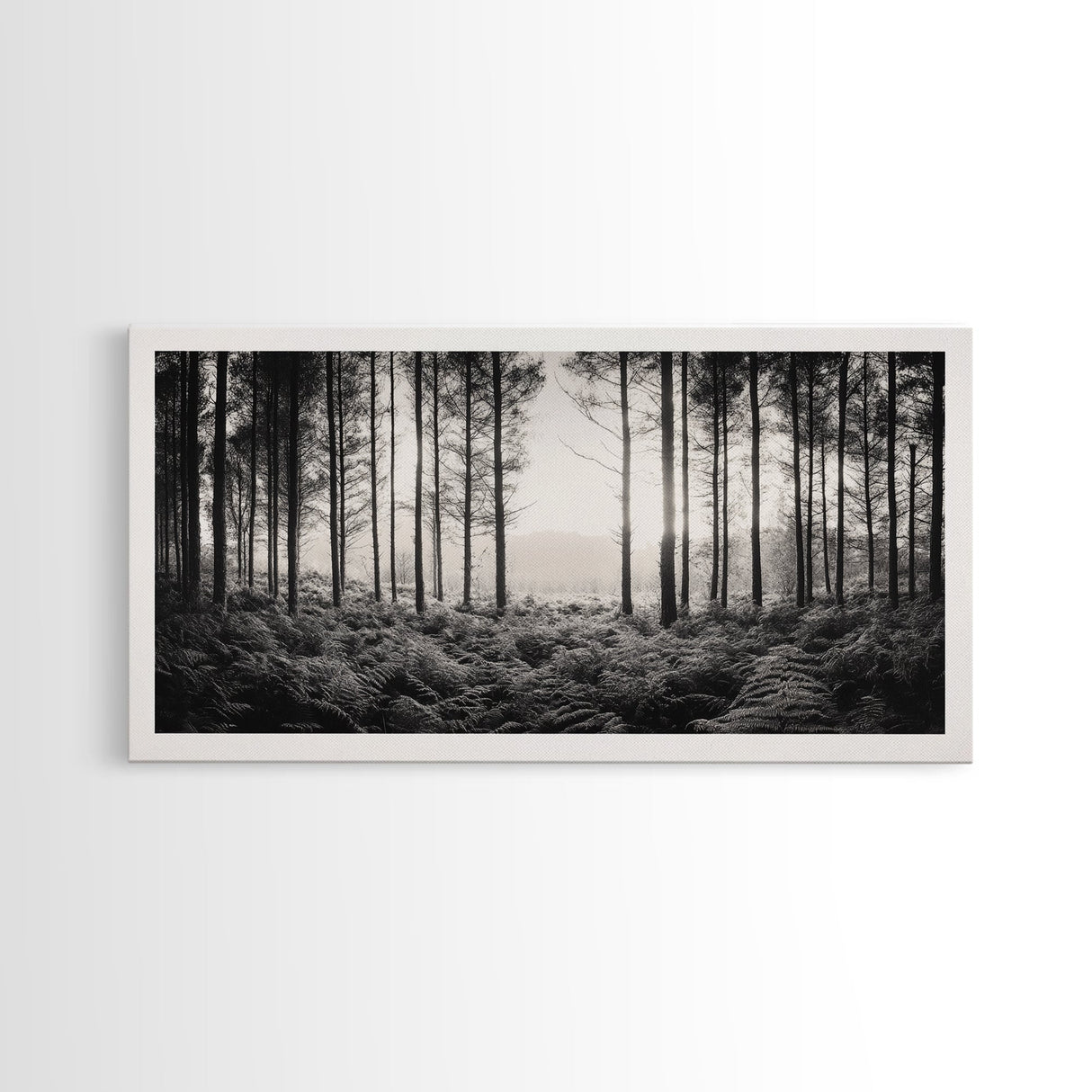 Forest Light Scene, Tall Trees Shadows, Nature Mist Pathway, Framed Canvas Print, Woodland Bedroom Art, Boho Rustic Wall Decor