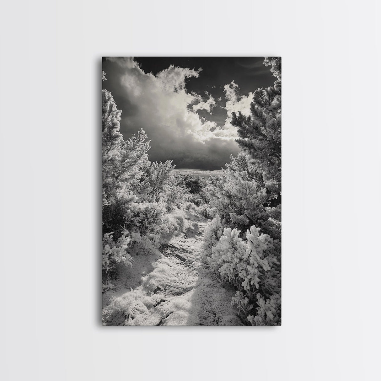 Snowy Pine Path, Winter Forest Light, Frozen Landscape Art, Canvas Print, Holiday Wall Art, Minimalist Winter, Nordic Style Decor