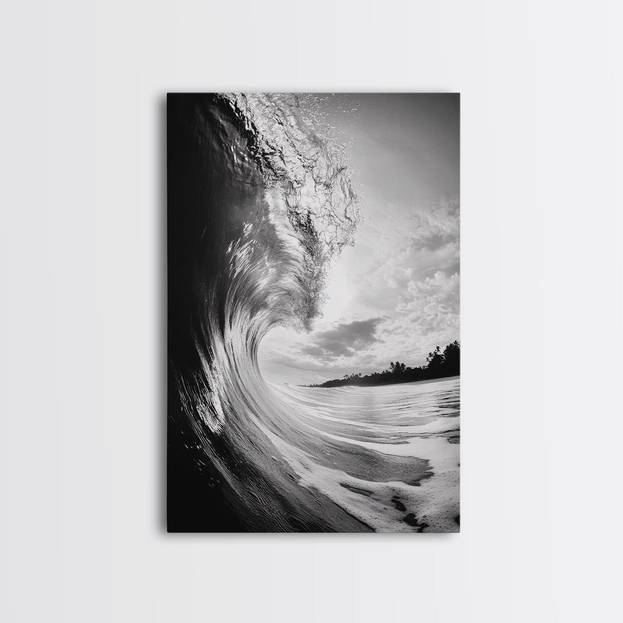 Ocean Wave Curl, Sea Barrel Art, Surf Power Print, Framed Canvas Print, Bathroom Wall Art, Modern Beach Decor, Black White Seascape
