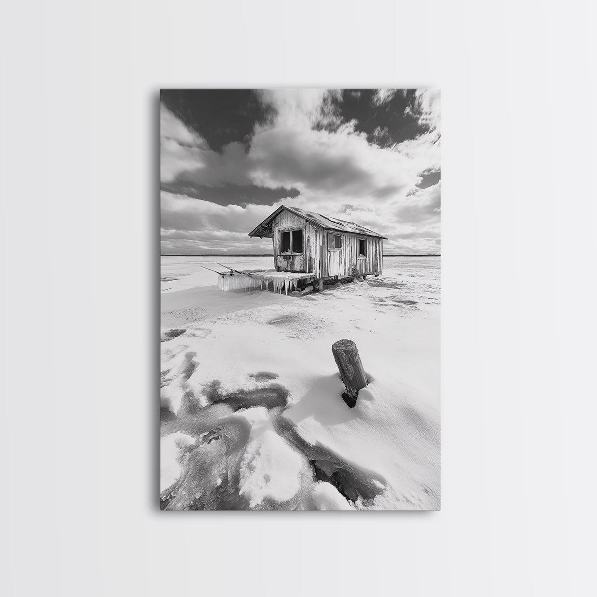 Frozen Cabin Scene, Snowy Landscape, Winter Monochrome, Canvas Print, Cabin Wall Art, Rustic Winter Decor, Nature Photography