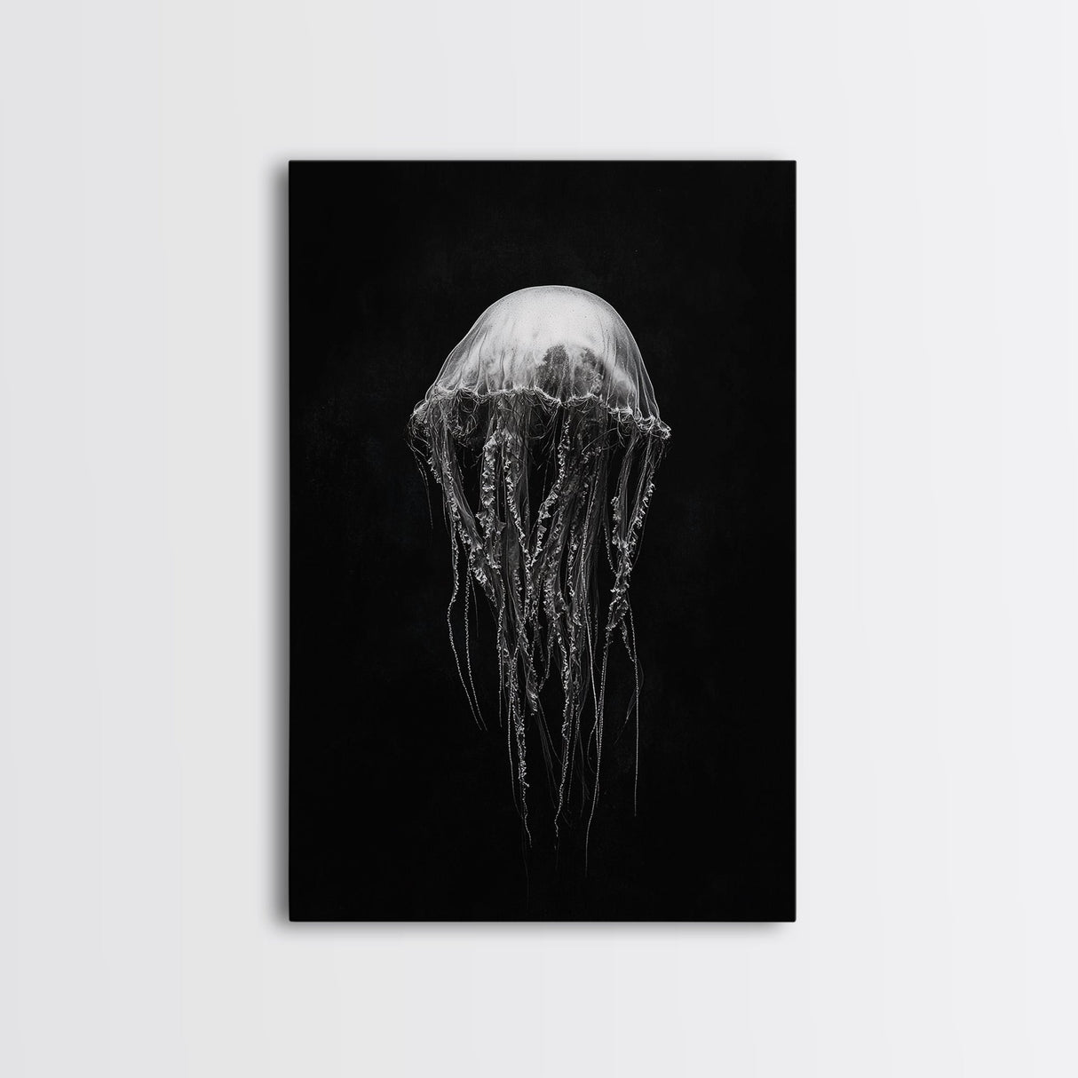 Elegant Jellyfish Art, Ocean Wildlife, Monochrome Marine, Framed Canvas Print, Bathroom Decor, Nautical Wall Art, Minimalist Sea Life