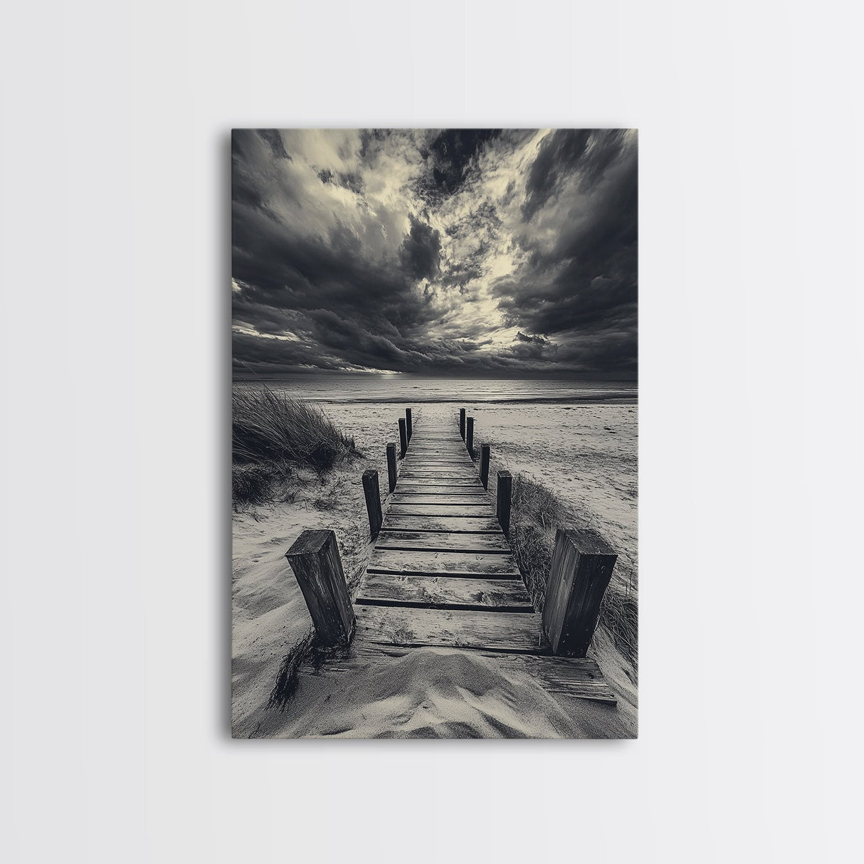Stormy Beach Dock, Dramatic Skies, Coastal Mood, Framed Canvas Print, Fall Wall Art, Entryway Decor, Moody Seascape, Rustic Coastal Home