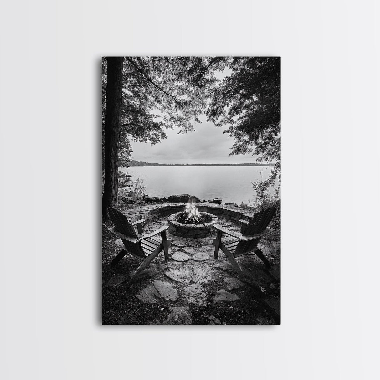Campfire Lake Night, Adirondack Chairs, Wilderness Glow, Framed Canvas Print, Outdoor Living Wall Art, Cabin Decor, Autumn Retreat Art