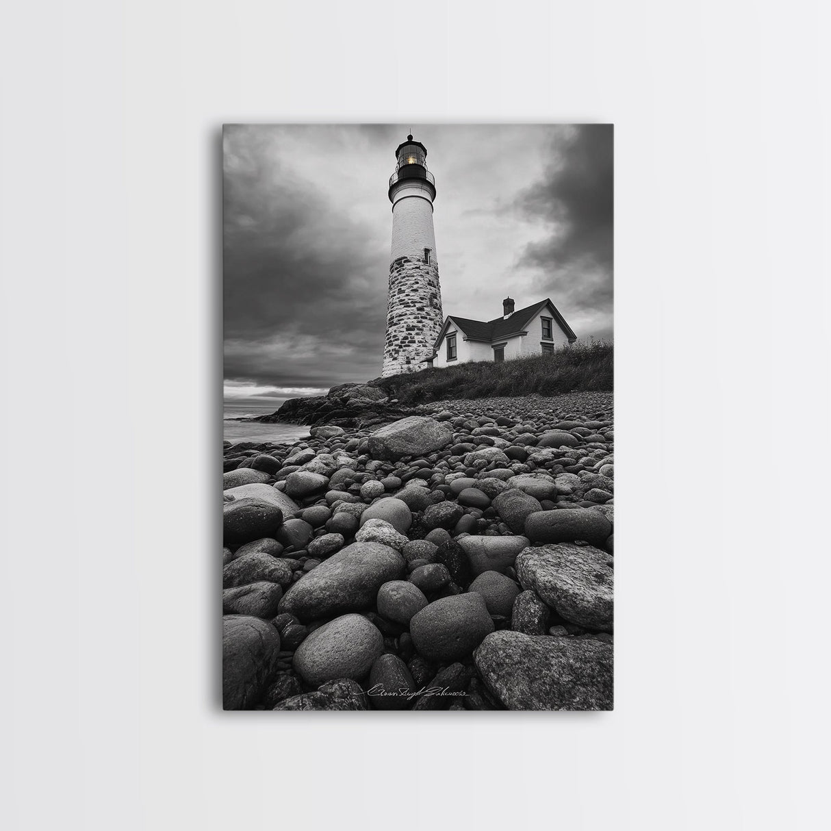 Lighthouse Shore Rocks, Coastal Beacon, Moody Clouds, Framed Canvas Print, Nautical Wall Art, Rustic Beach House Decor, Fall Storm Style