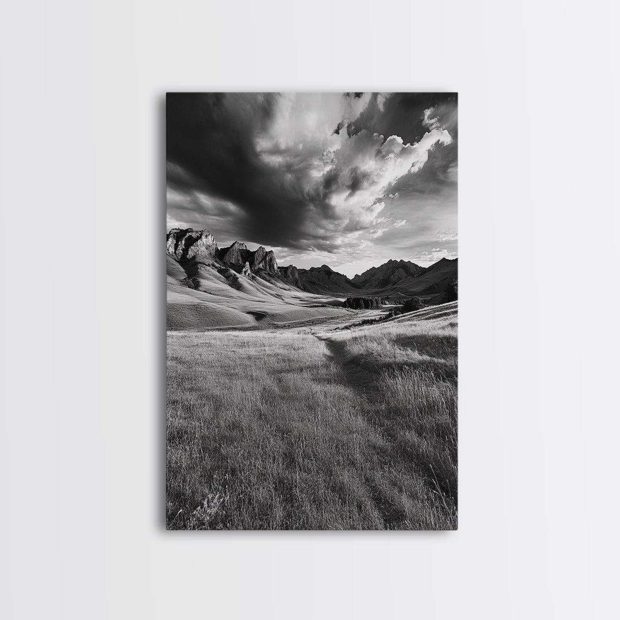 Mountain Valley, Stormy Sky, Western Landscape, Framed Canvas Print, Office Wall Art, Moody Nature Decor, Fall Art, Wilderness Style