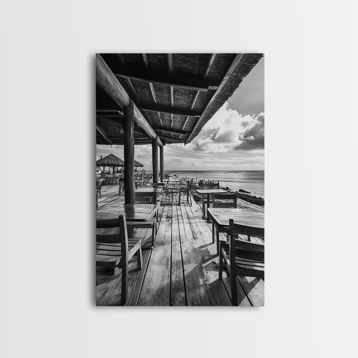 Seaside Café, Coastal Patio, Ocean View, Canvas Print, Rustic Kitchen Wall Art, Tropical Dining Decor, Travel Lifestyle Art