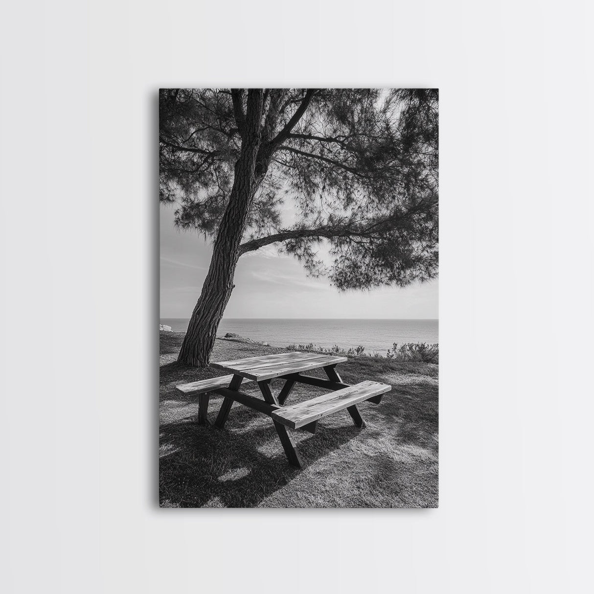 Seaside Bench, Peaceful Escape, Shaded Picnic, Canvas Print, nature photography, coastal wall art, relaxing ocean decor, Minimalist Decor