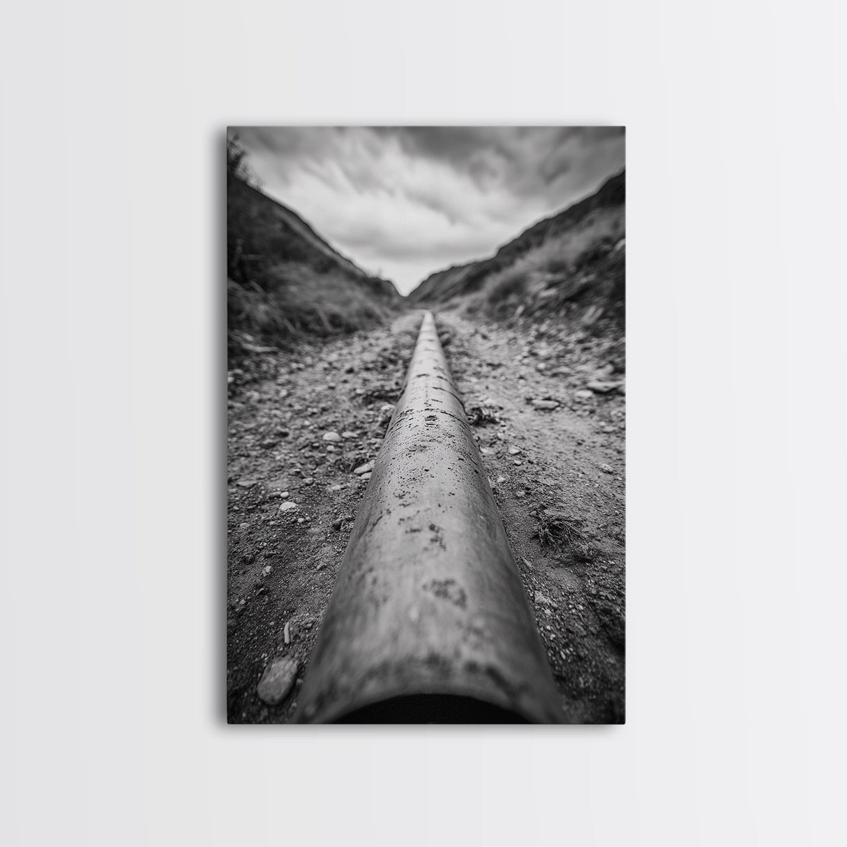 Industrial Line, Utility Pipe, Grunge Road, Canvas Print, Black White Photography, Modern Loft Decor, Urban Wall Art, Minimalist Style