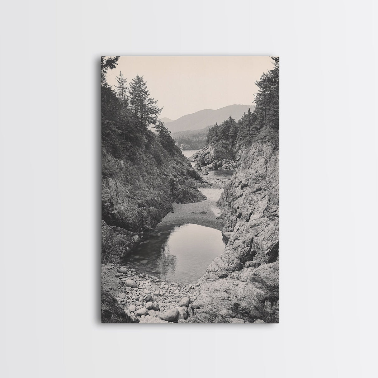 Forest Coast, Rocky Shore, Ocean View, Framed Canvas Print, Serene Nature Wall Art, Bathroom or Hallway Decor, Pacific Northwest Style